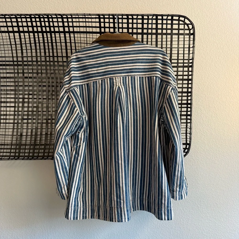 Free People Blue and White Striped Jean Jacket with Brown Corduroy Collar - Picture 7 of 8